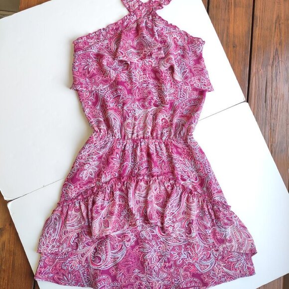 Parker Floral Pink Paisley Halter Mini Dress Ruffles Flirty Feminine Size Small - Picture 3 of 11